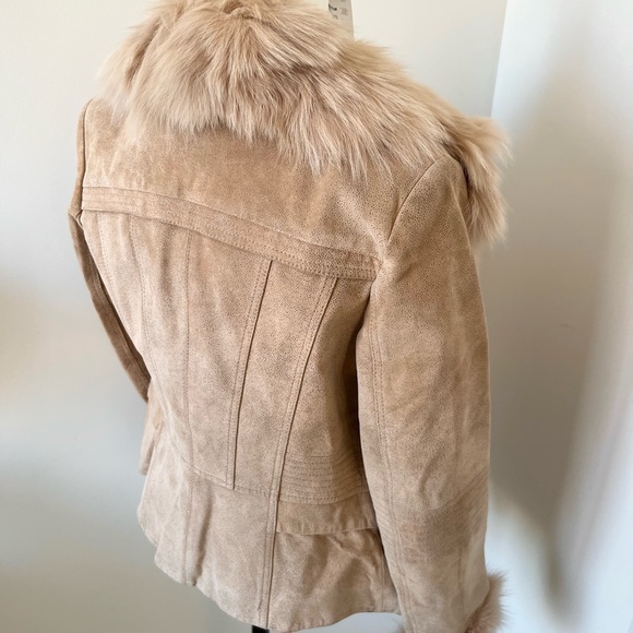 🍂Tan Suede Moto Jacket with Real Fox Fur Trim Size M - Picture 6 of 10